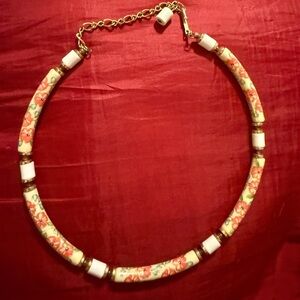Floral Cream and Gold Necklace vintage gold tube porcelain